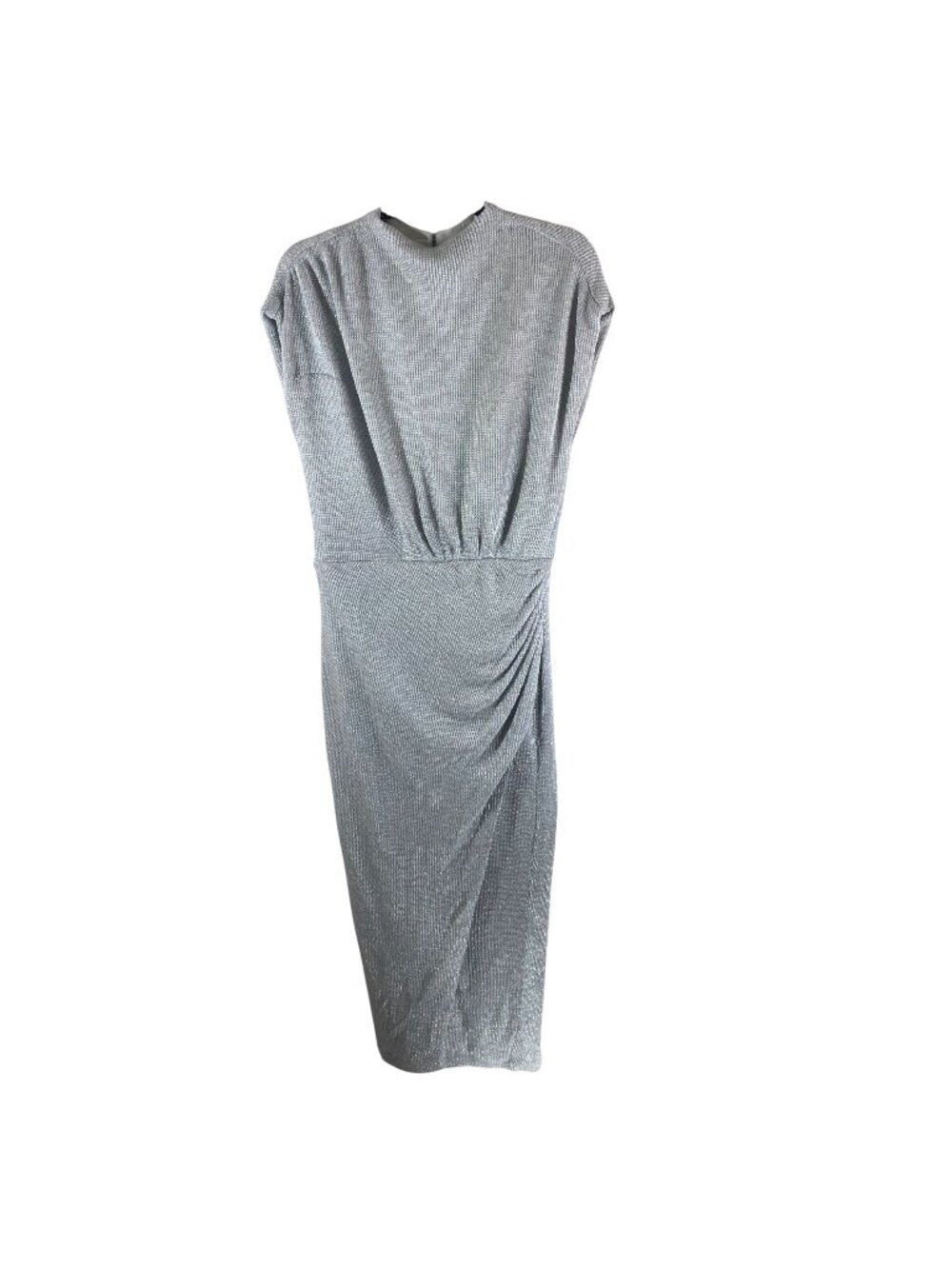 Saylor Astrid Chainmail Faux Wrap Dress Ruched Waist Metallic Silver L